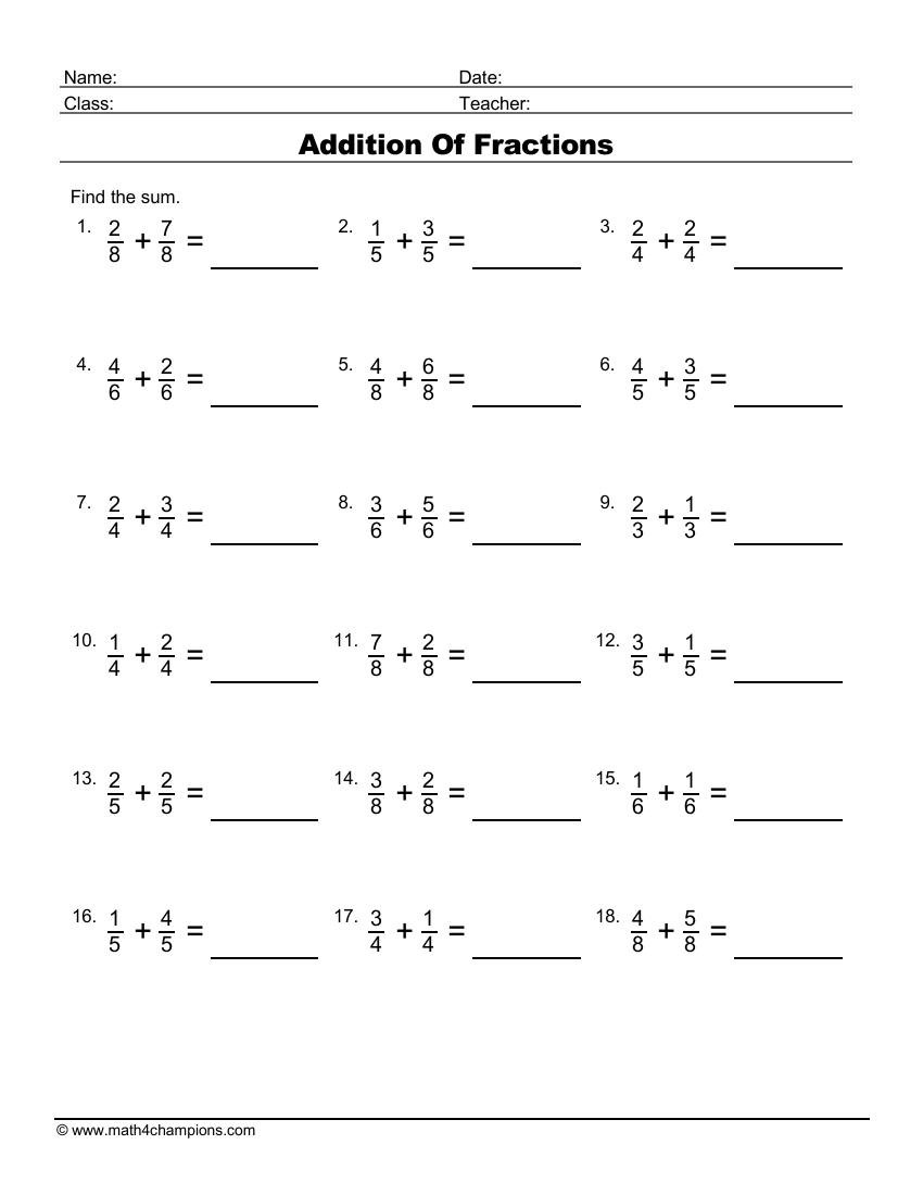 Addition Of Fractions worksheet