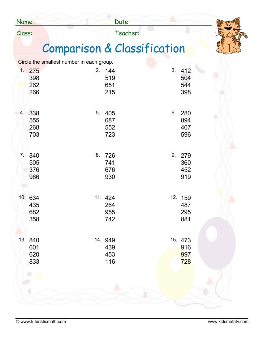 Classification And Comparisons Smallest Numbers worksheet