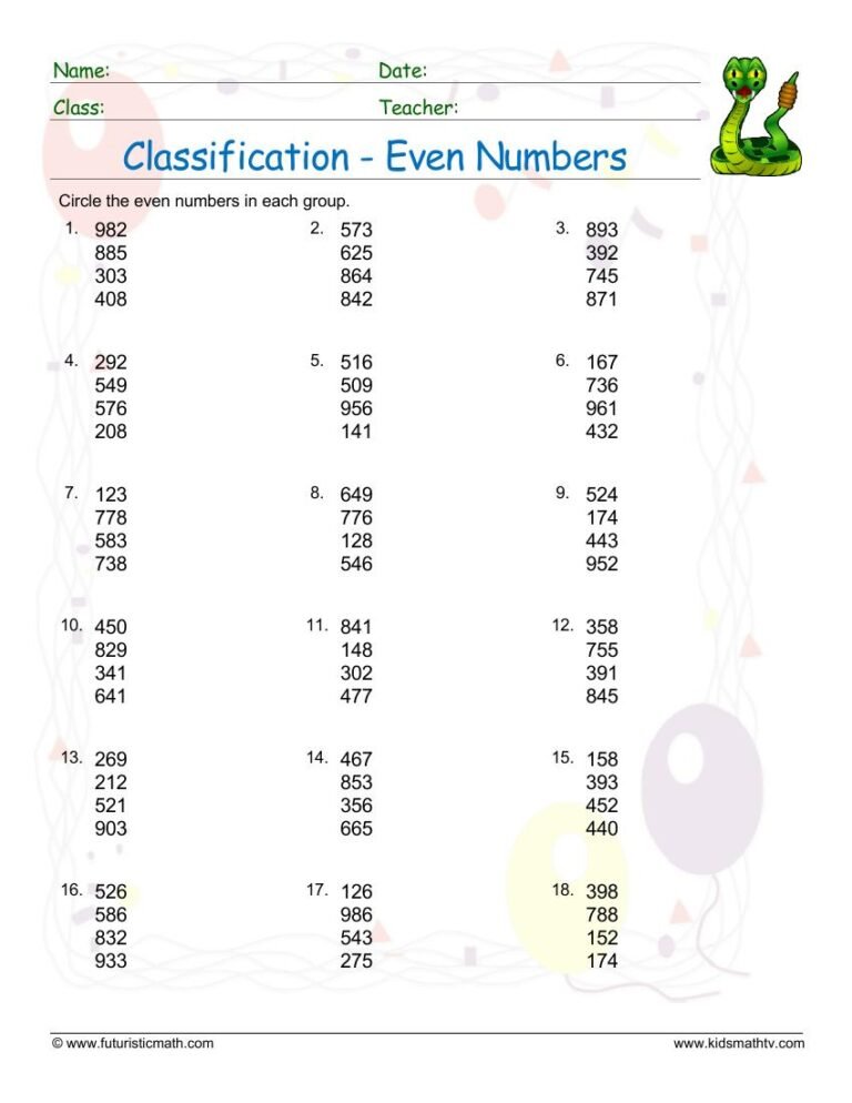 Classification Of Even Numbers worksheet