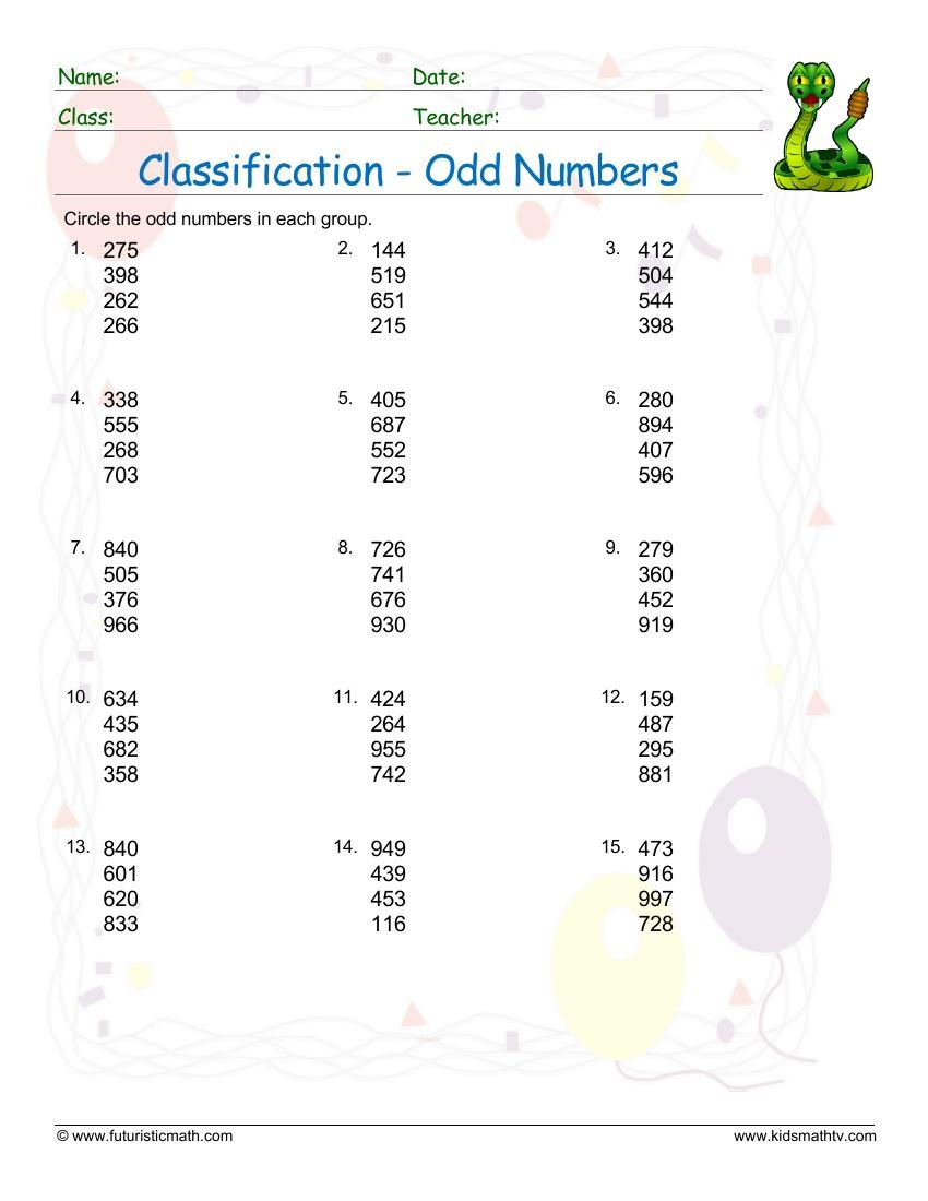 Classification Of Odd Numbers worksheet