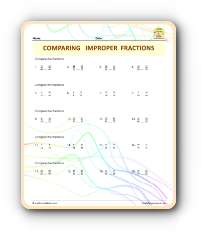 Compare Improper Fractions worksheet
