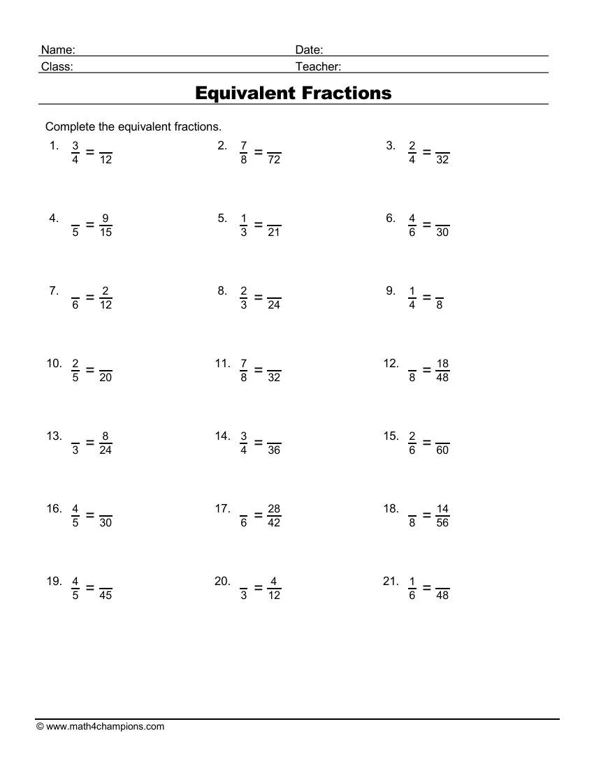Complete Equivalent Fractions worksheet