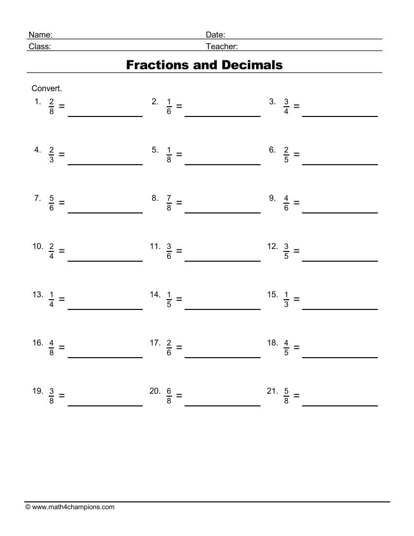 Convert Fractions To Decimals worksheet