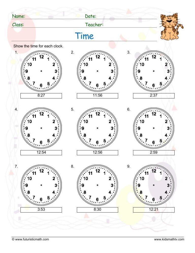 Draw Clock Hands For The Time worksheet