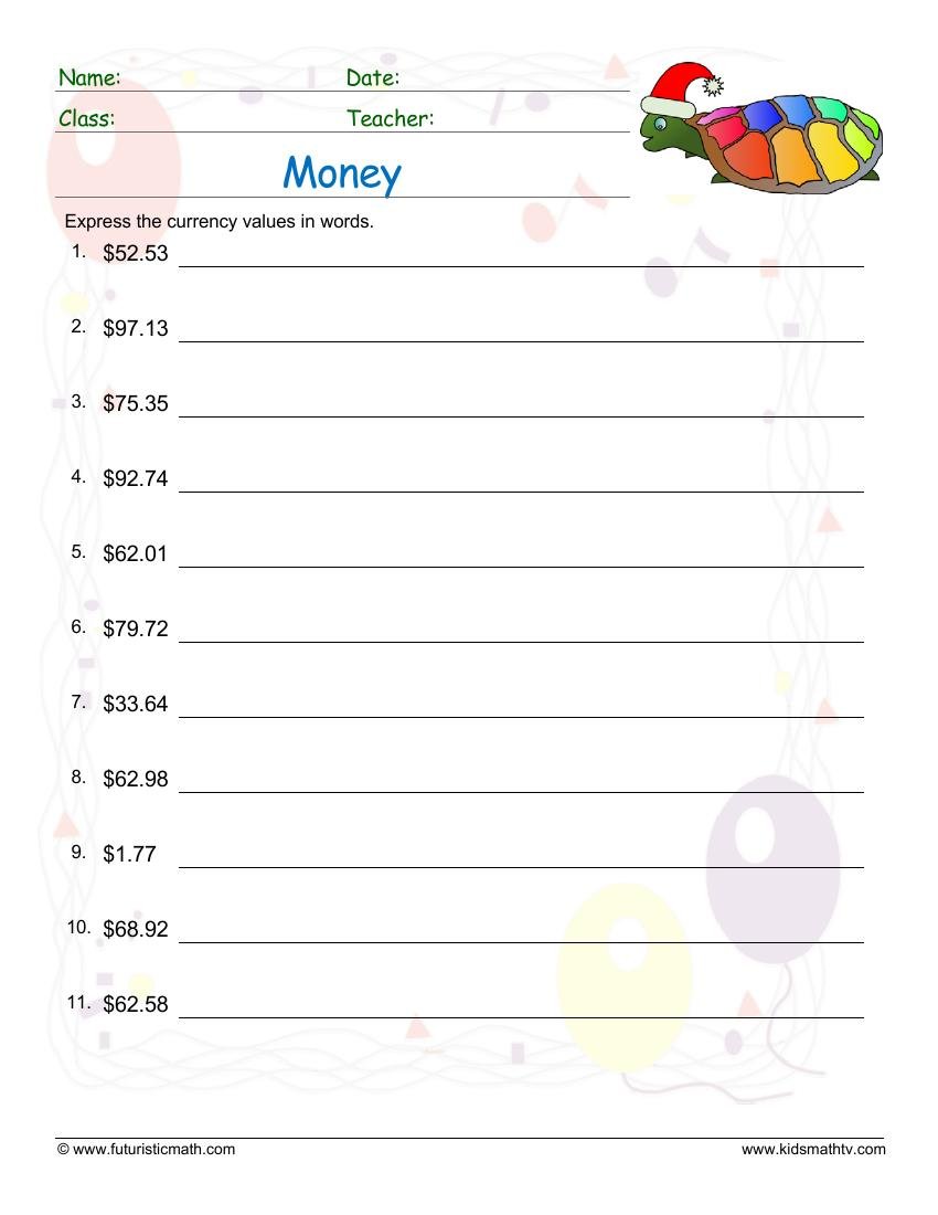 Express Currency Values In Words worksheet