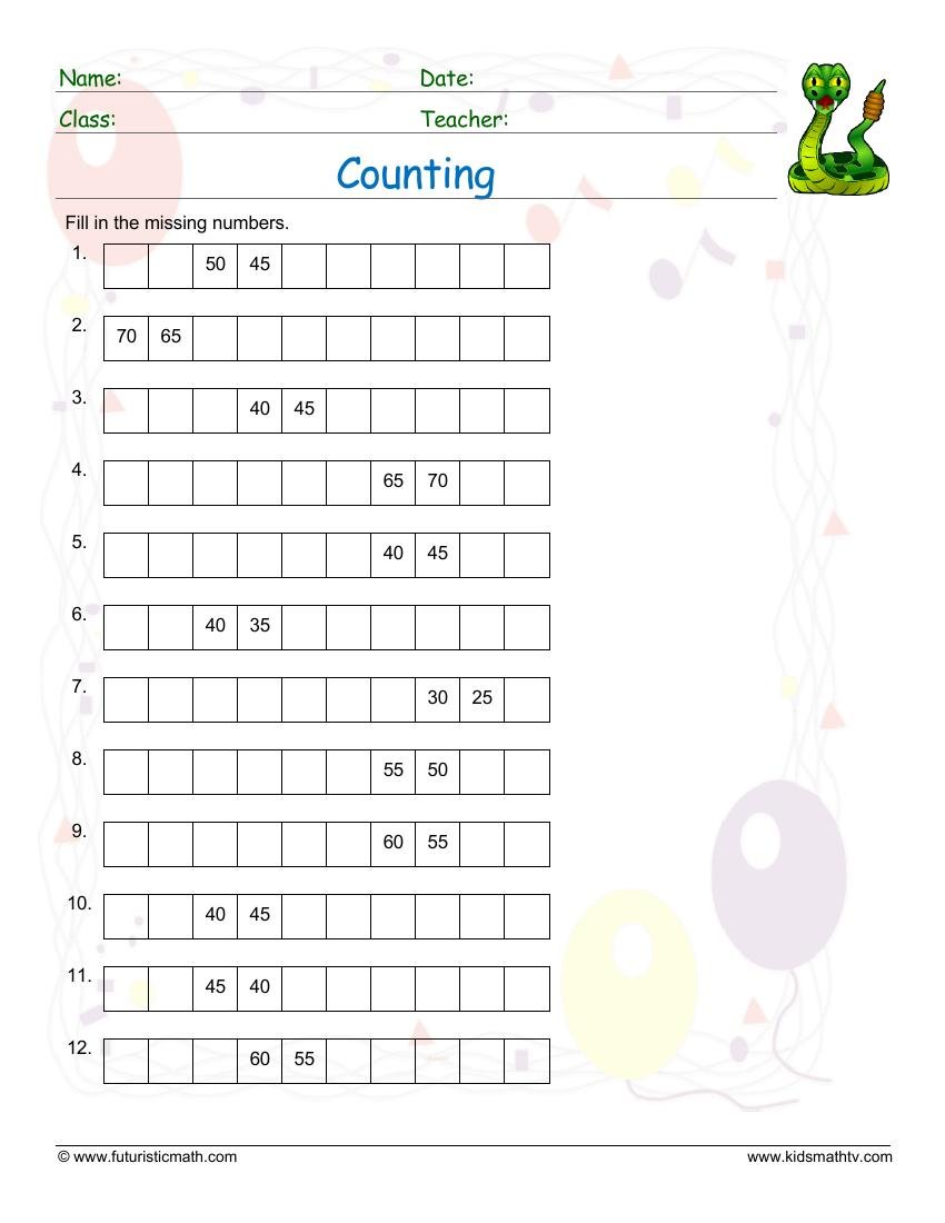 Fill In Missing Numbers In A Sequence worksheet