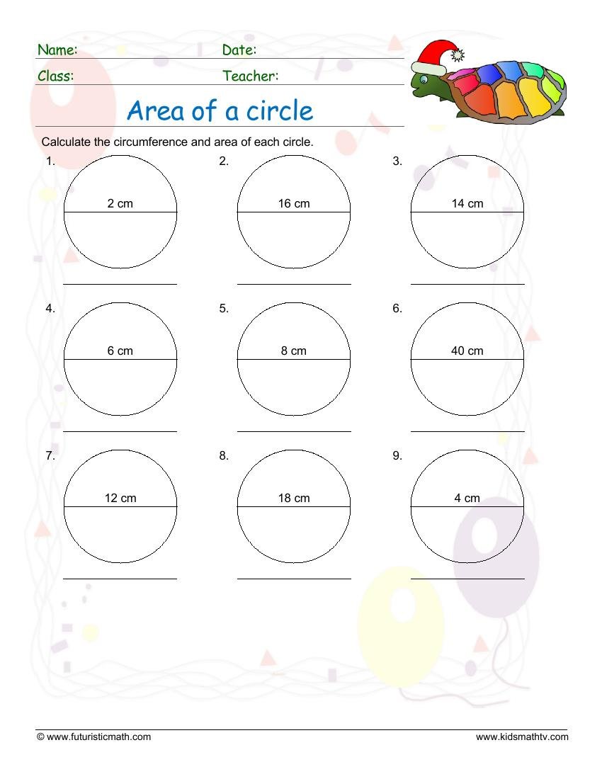 Find The Area Of Circles With Diameter Values worksheet