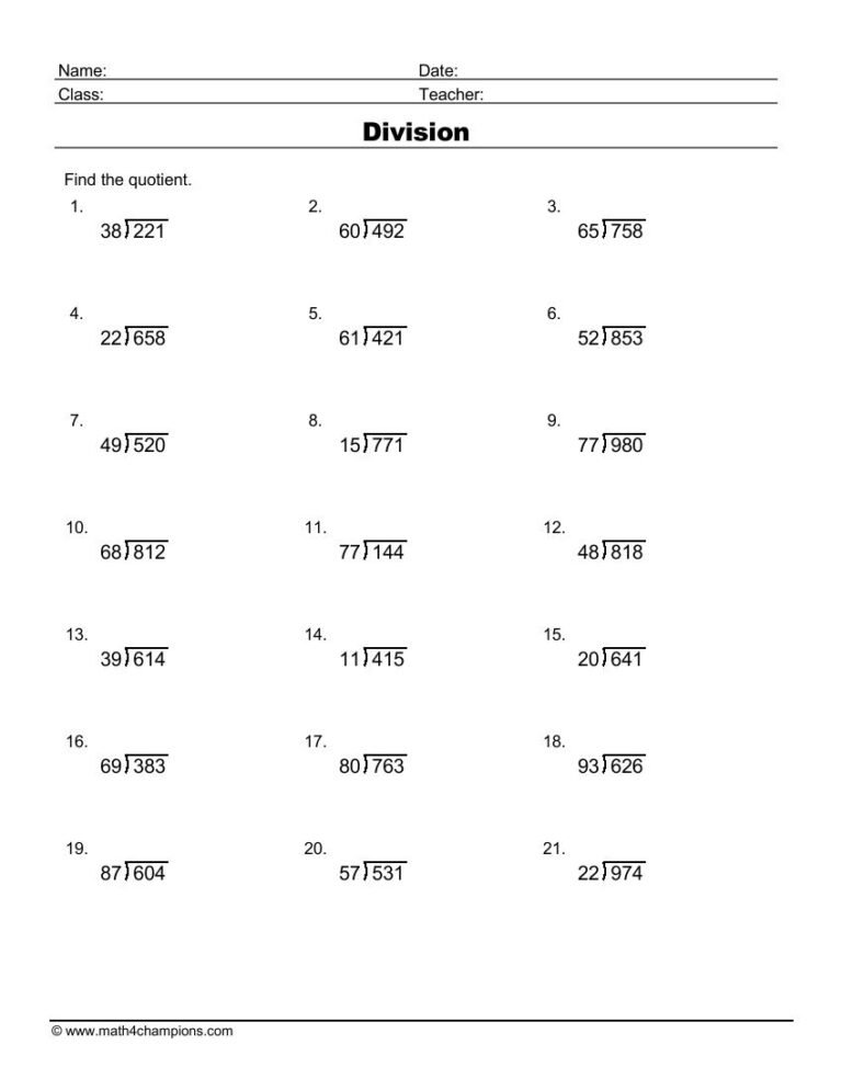 Long Division Of Three Digits With Remainders worksheet preview