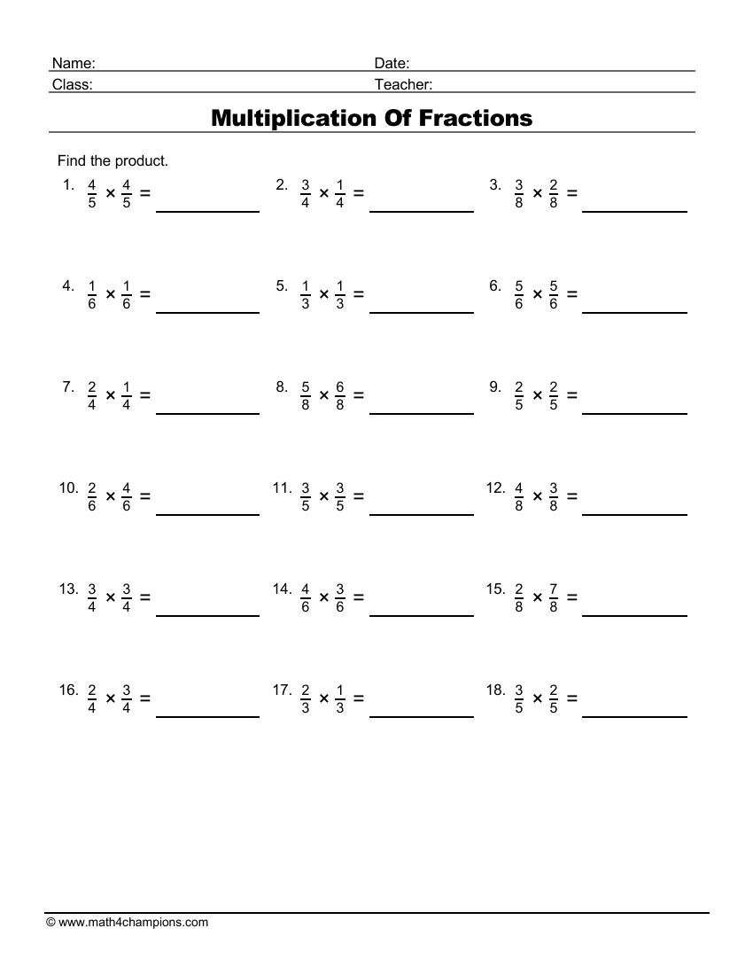 Multiplication Of Fractions worksheet