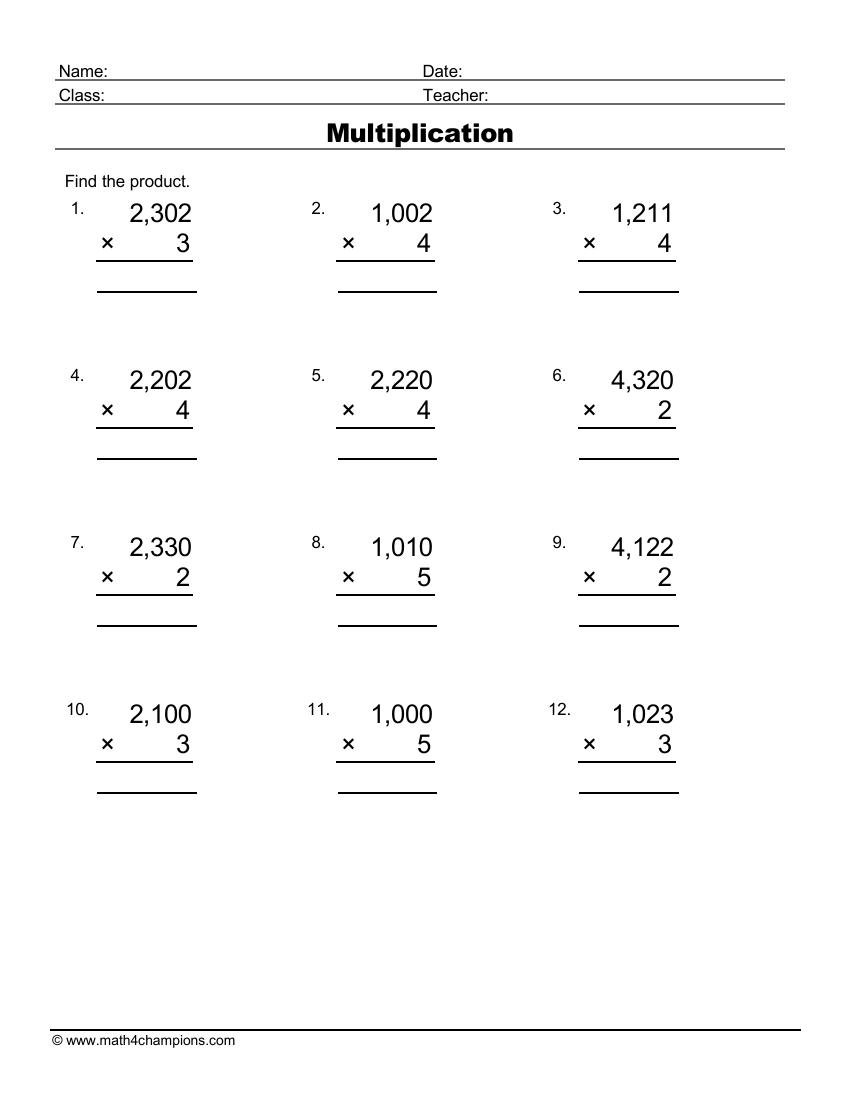 Multiply Four By One Digit Numbers worksheet