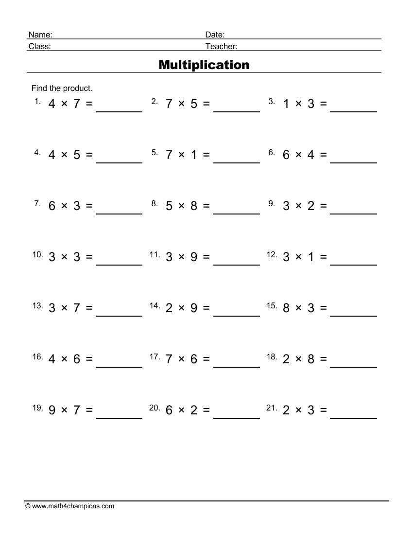 Multiply Single Digit Numbers worksheet