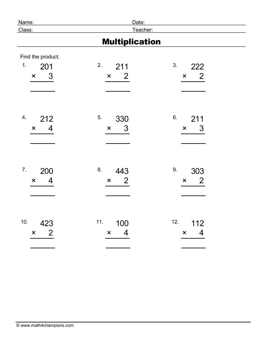 Multiply Three By One Digit Numbers worksheet