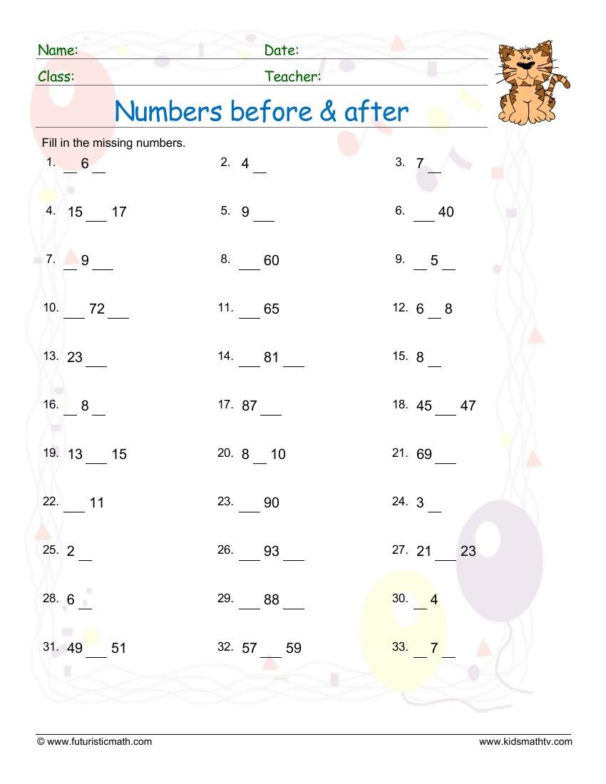 Number Positions Before After Between worksheet