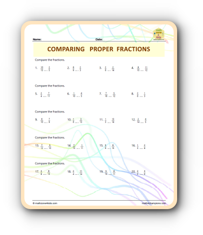 Proper Fractions Comparing worksheet