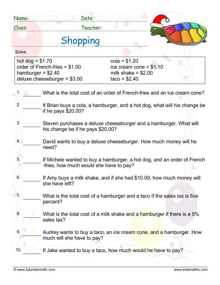 Shopping Word Problems worksheet