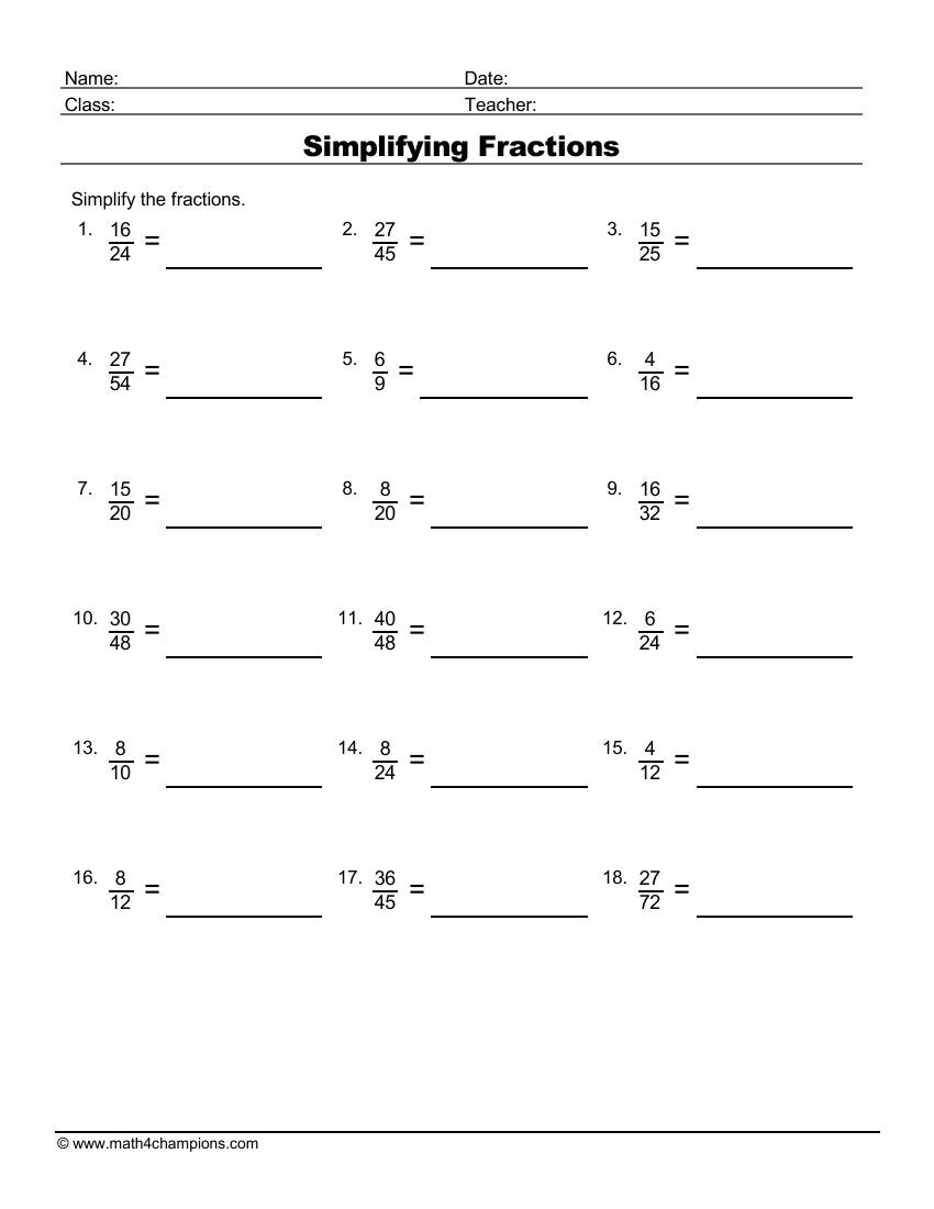 Simplifying Fractions worksheet
