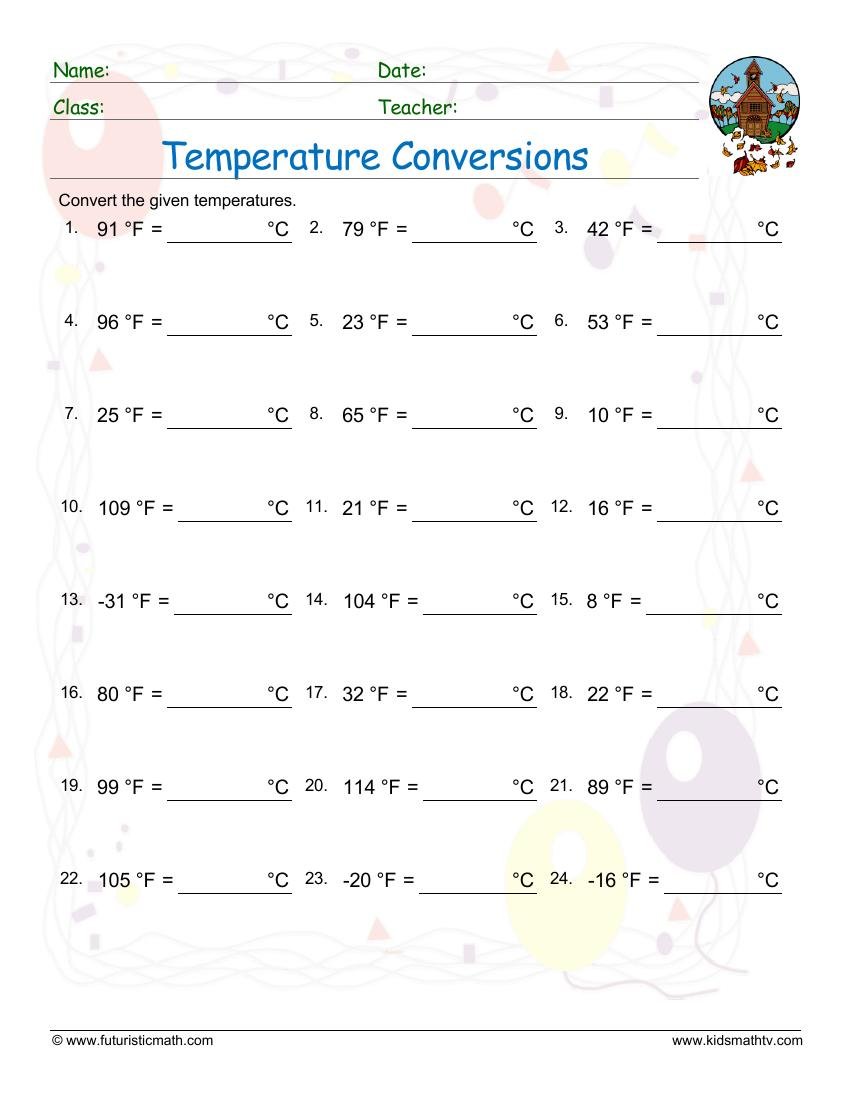 Temperature Unit Conversions Degrees Celsius Fahrenheit worksheet